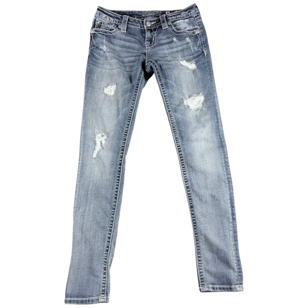 Miss Me Signature Skinny Jeans Womens 28 Blue Distressed Y2K Lowrise Faded Worn